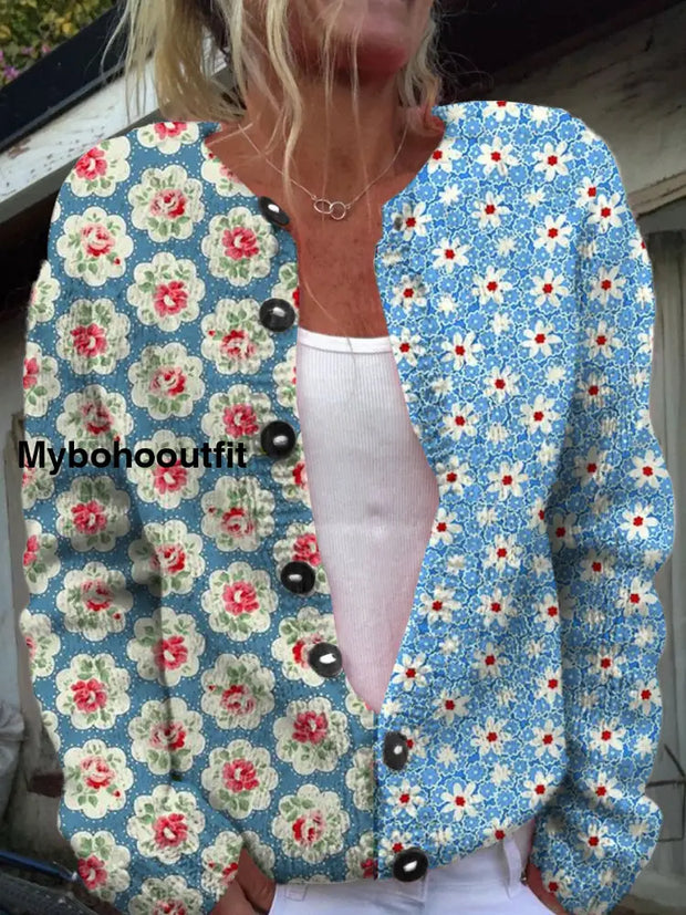 Vintage Elegant Floral Print Chic Button Thick Long Sleeve Hooded Cardigan Sweater A / S