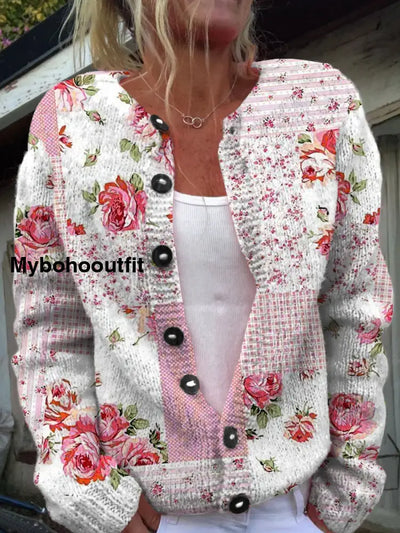 Vintage Elegant Floral Print Chic Button Thick Long Sleeve Hooded Cardigan Sweater A / S