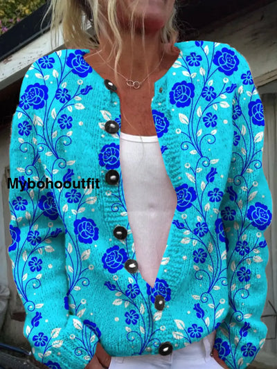 Vintage Elegant Floral Print Chic Button Thick Long Sleeve Hooded Cardigan Sweater A / S