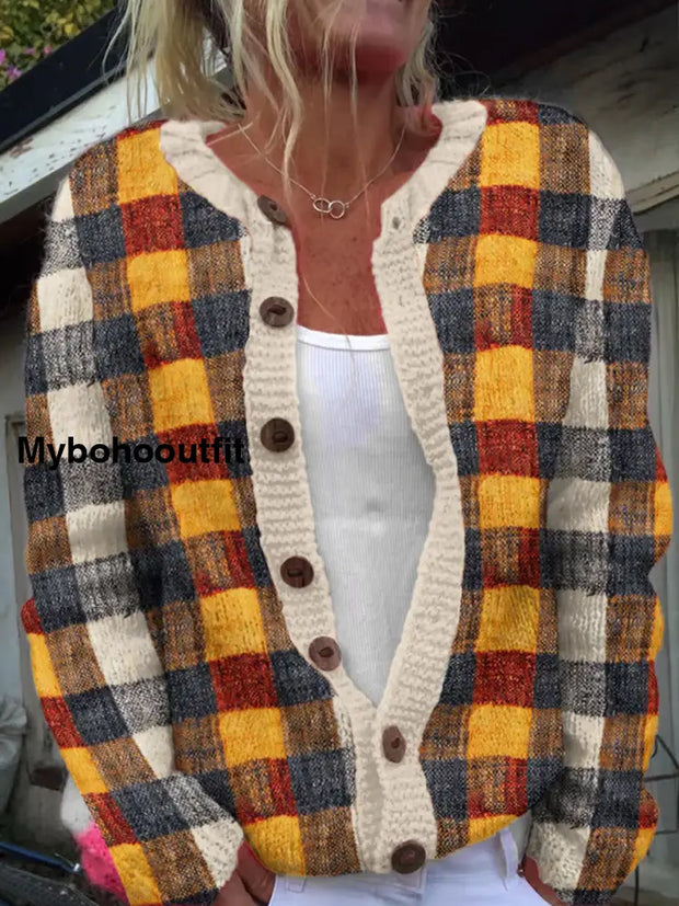 Vintage Elegant Plaid Print Chic Button Thick Long Sleeve Cardigan Sweater A / S