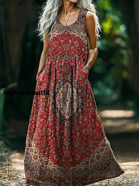 Women’s Vintage Ethnic Tattoo Pattern Art Print Round Neck Sleeveless Cotton Pocket Dresses Multicolor / S