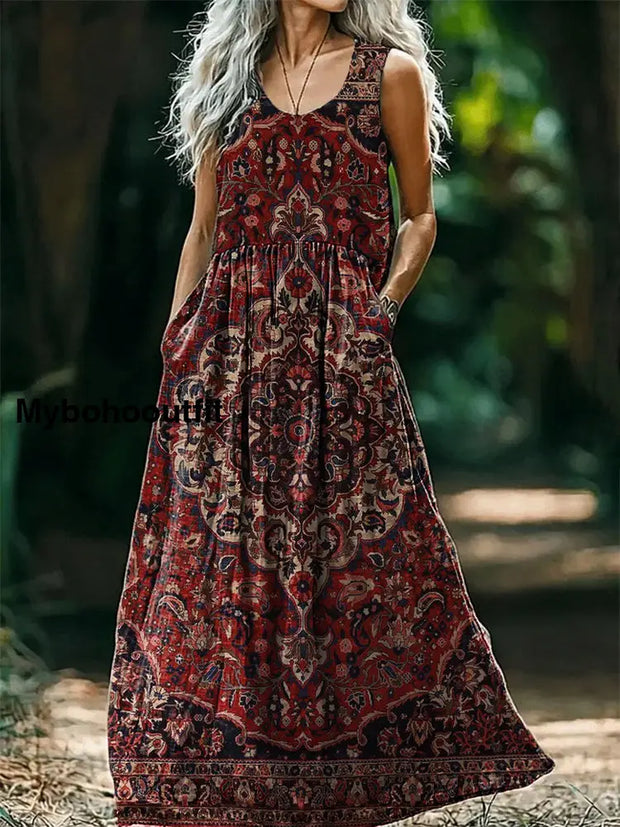 Women’s Vintage Ethnic Tattoo Pattern Art Print Round Neck Sleeveless Cotton Pocket Dresses Multicolor / S