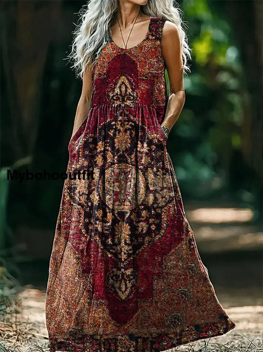Women’s Vintage Ethnic Tattoo Pattern Art Print Round Neck Sleeveless Cotton Pocket Dresses Multicolor / S