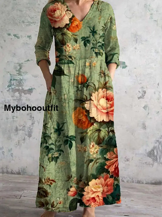 Vintage Floral Art Print Chic V Neck 3/4 Sleeve Elegant Midi Dress A / S