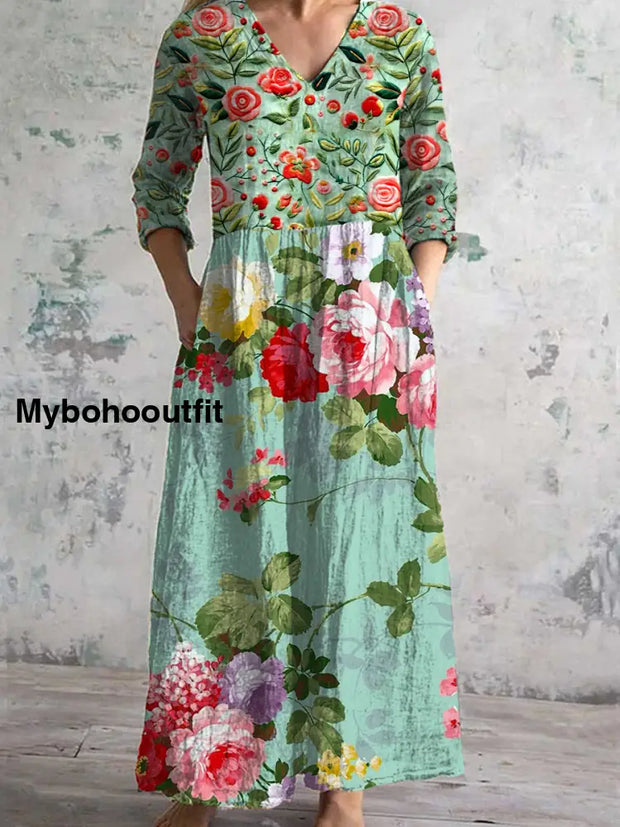 Vintage Floral Art Print Chic V Neck 3/4 Sleeve Elegant Midi Dress A / S