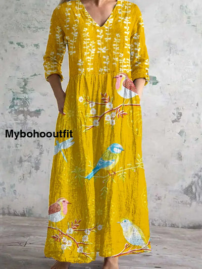 Vintage Floral Art Print Chic V Neck 3/4 Sleeve Elegant Midi Dress A / S