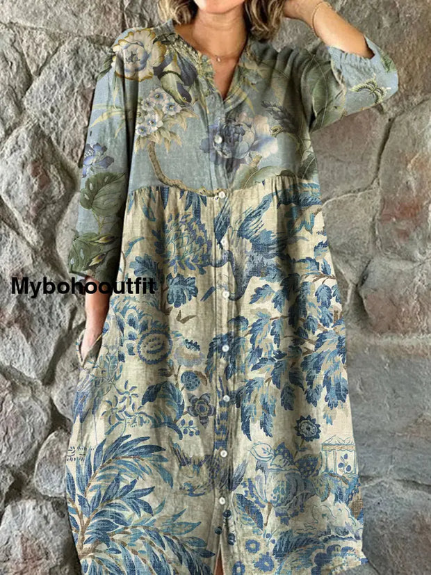 Vintage Floral Art Print Chic V Neck Three Quarter Sleeve Button Elegant Midi Dress A / S