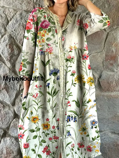 Vintage Floral Art Print Chic V Neck Three Quarter Sleeve Button Elegant Midi Dress A / S