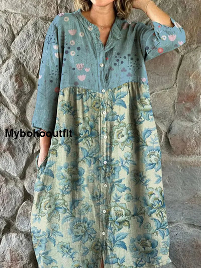 Vintage Floral Art Print Chic V-Neck Three Quarter Sleeve Button Elegant Midi Dress A / S