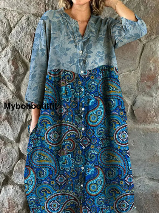 Vintage Floral Art Print Chic V-Neck Three-Quarter Sleeve Button Elegant Midi Dress A / S