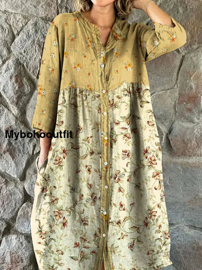 Vintage Floral Art Print Chic V-Neck Three Quarter Sleeve Button Elegant Midi Dress A / S