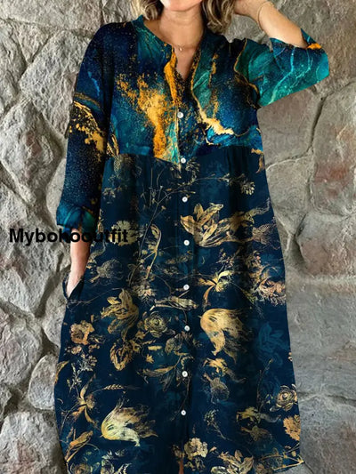 Vintage Floral Art Print Chic V-Neck Three-Quarter Sleeve Button Elegant Midi Dress A / S