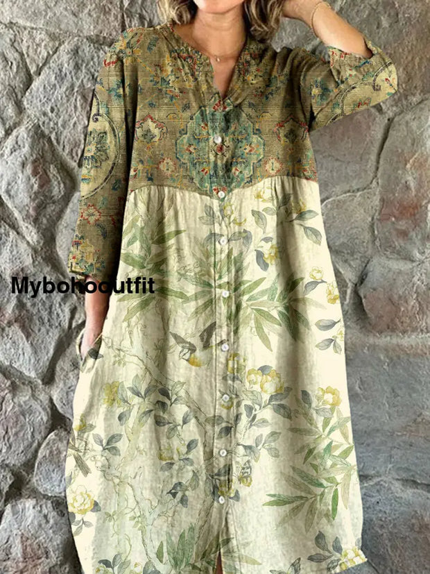 Vintage Floral Art Print Chic V Neck Three Quarter Sleeve Button Elegant Midi Dress A / S