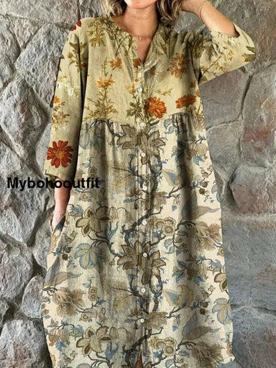 Vintage Floral Art Print Chic V-Neck Three Quarter Sleeve Button Elegant Midi Dress A / S