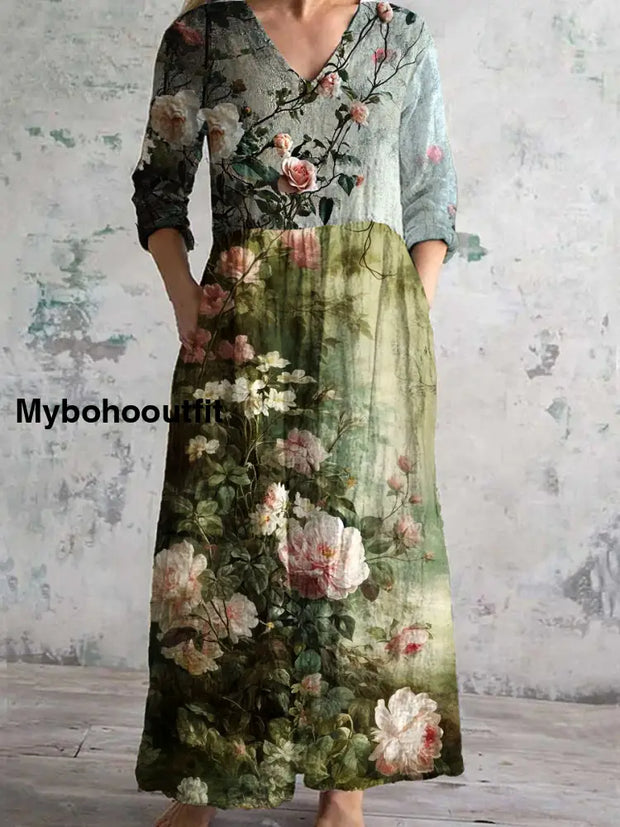 Vintage Floral Art Print Chic V Neck Three Quarter Sleeve Elegant Midi Dress A / S