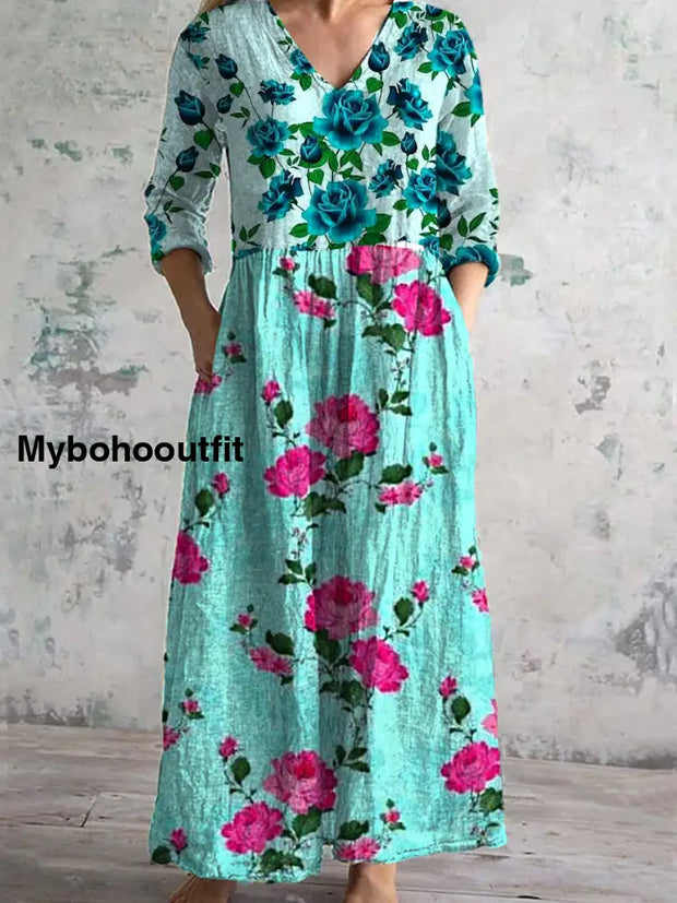 Vintage Floral Art Print Chic V Neck Three Quarter Sleeve Elegant Midi Dress A / S