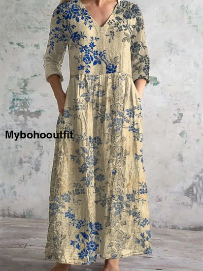 Vintage Floral Art Print Chic V-Neck Three-Quarter Sleeve Elegant Midi Dress A / S