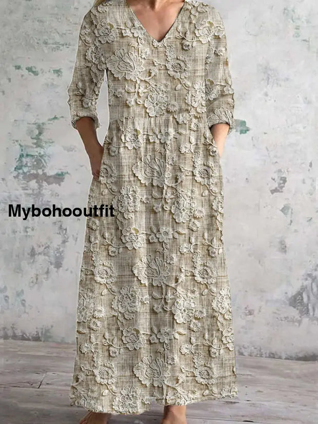 Vintage Floral Art Print Chic V Neck Three Quarter Sleeves Elegant Midi Dress A / S