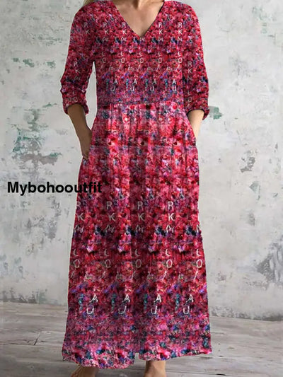 Vintage Floral Art Print Chic V Neck Three Quarter Sleeves Elegant Midi Dress A / S