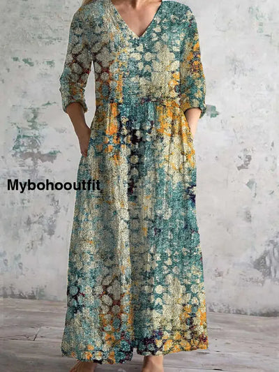 Vintage Floral Art Print Chic V Neck Three Quarter Sleeves Elegant Midi Dress A / S