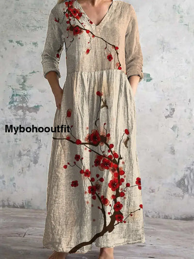 Vintage Floral Art Print Chic V Neck Three Quarter Sleeves Elegant Midi Dress A / S