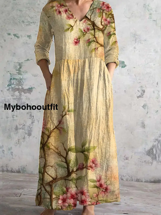 Vintage Floral Art Print Chic V Neck Three Quarter Sleeves Elegant Midi Dress A / S
