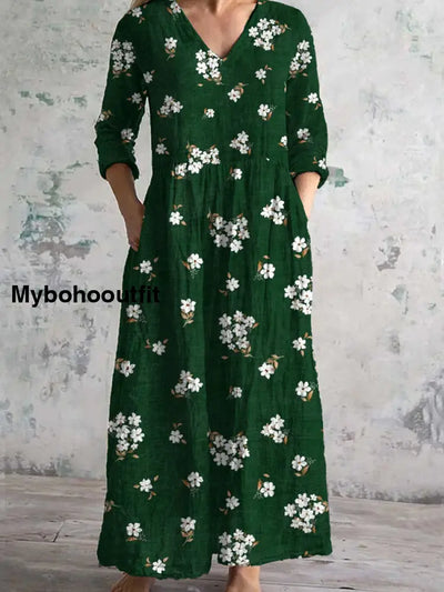 Vintage Floral Art Print Chic V Neck Three Quarter Sleeves Elegant Midi Dress A / S