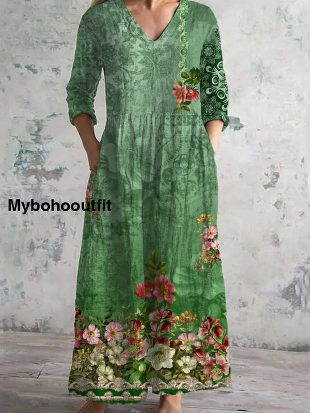 Vintage Floral Art Print Chic V Neck Three Quarter Sleeves Elegant Midi Dress A / S