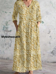 Vintage Floral Art Print Chic V Neck Three Quarter Sleeves Elegant Midi Dress B / S