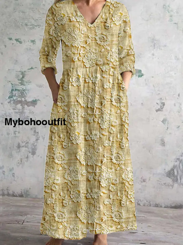 Vintage Floral Art Print Chic V Neck Three Quarter Sleeves Elegant Midi Dress B / S