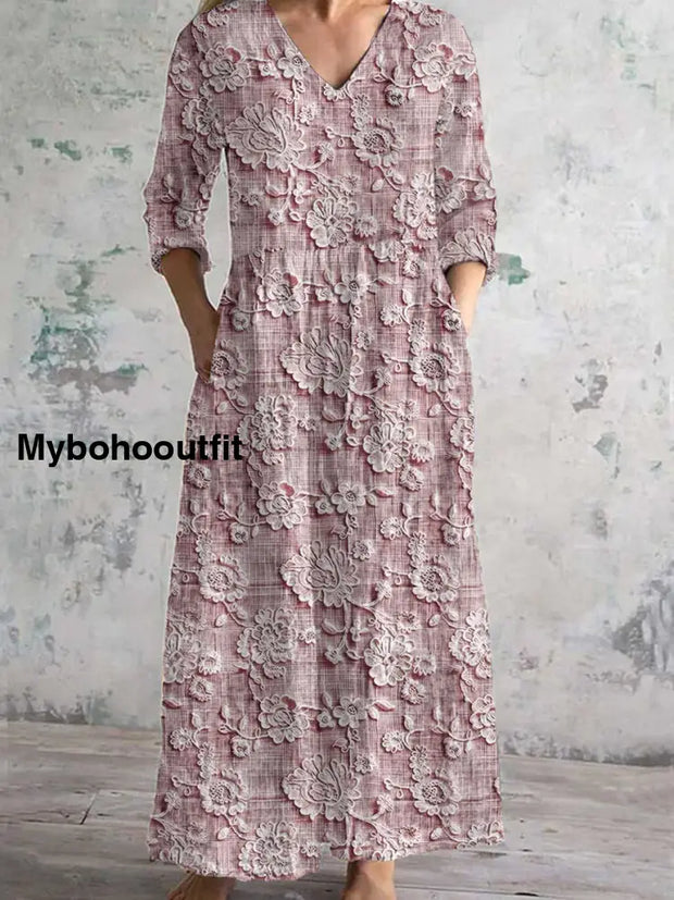 Vintage Floral Art Print Chic V Neck Three Quarter Sleeves Elegant Midi Dress D / S