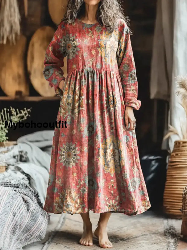 Vintage Floral Art Print Long Sleeve Linen Dress A / S