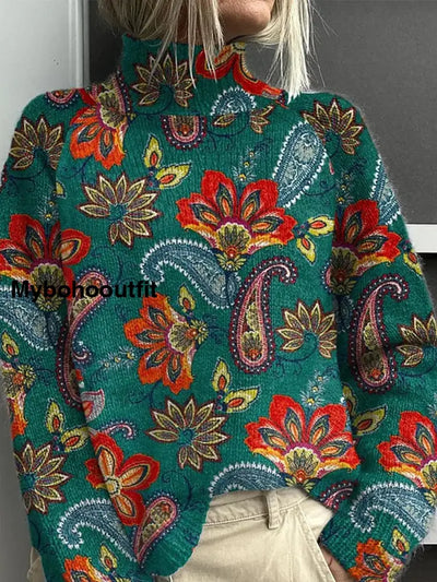 Vintage Floral Art Print Long Sleeve Thick Knit Sweater A / S