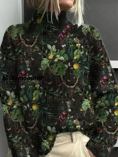 Vintage Floral Art Print Long Sleeve Thick Knit Sweater A / S