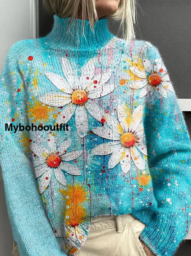 Vintage Floral Art Print Long Sleeve Thick Knit Sweater A / S