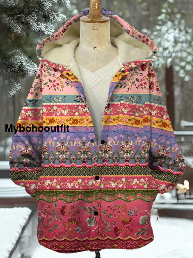 Vintage Floral Art Print Plush Thick Long Sleeve Hooded Jacket