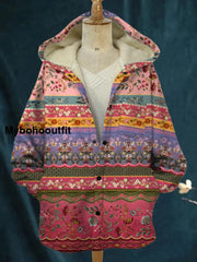 Vintage Floral Art Print Plush Thick Long Sleeve Hooded Jacket A / S