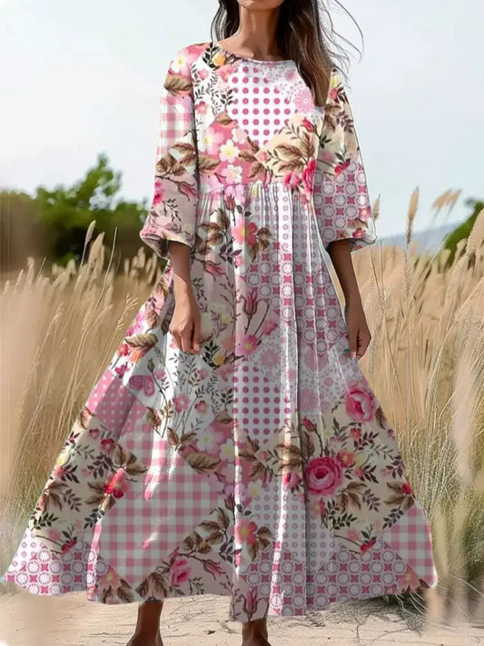 Vintage Floral Art Print Round Neck Long Sleeve Midi Dress A / S