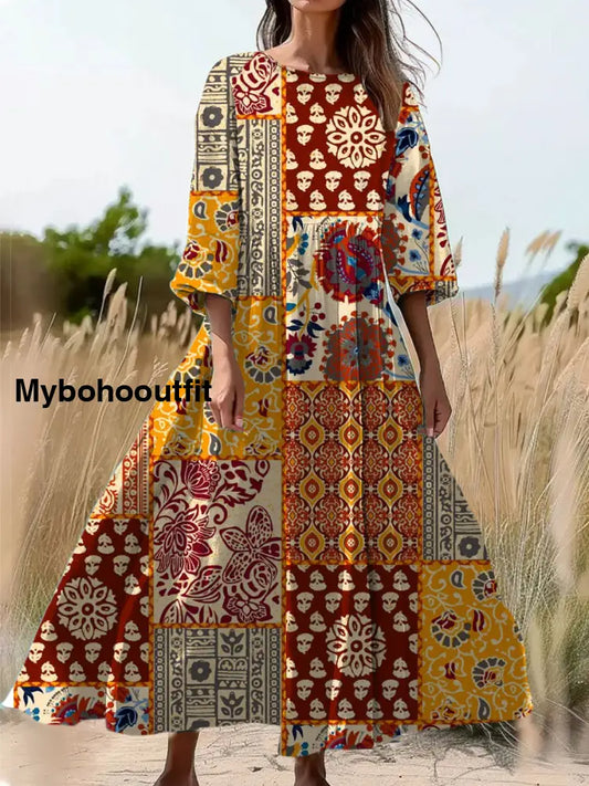 Vintage Floral Art Print Round Neck Long Sleeve Midi Dress A / S