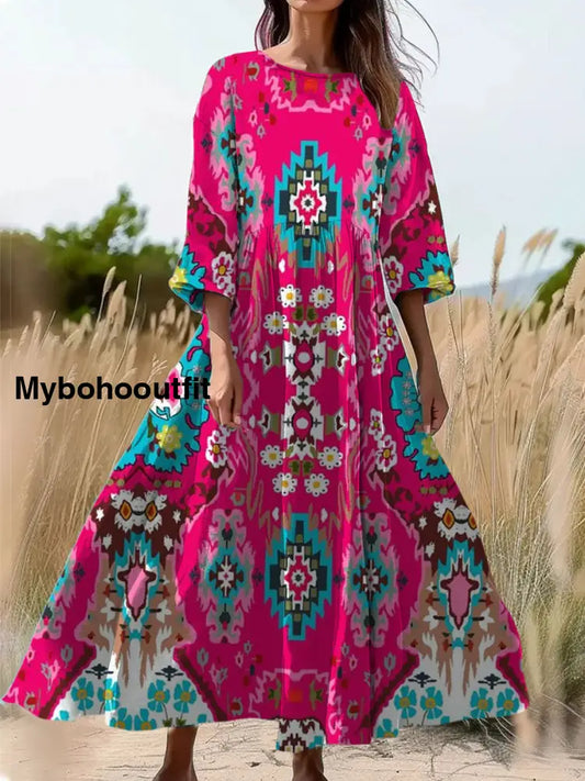 Vintage Floral Art Print Round Neck Long Sleeve Midi Dress A / S