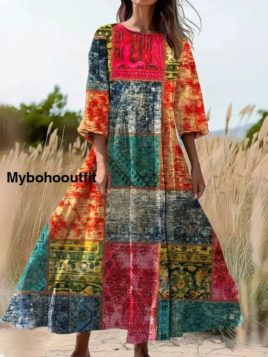 Vintage Floral Art Print Round Neck Long Sleeve Midi Dress A / S