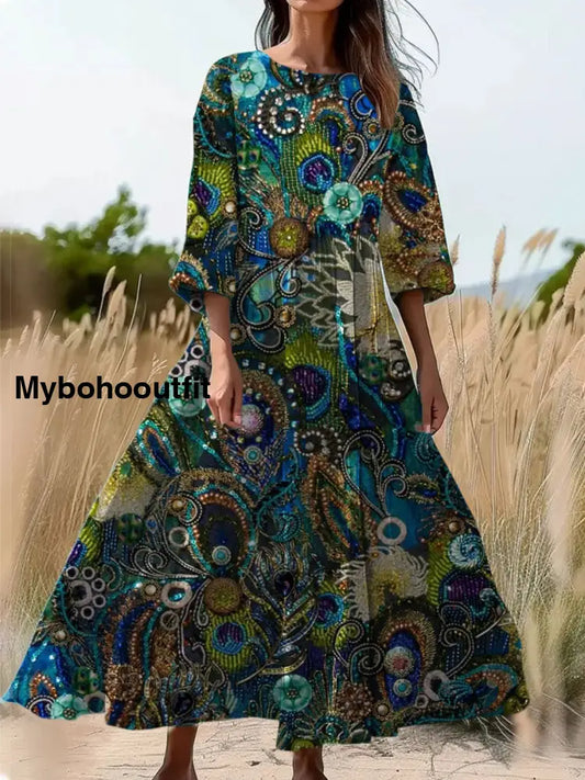 Vintage Floral Art Print Round Neck Long Sleeve Midi Dress A / S