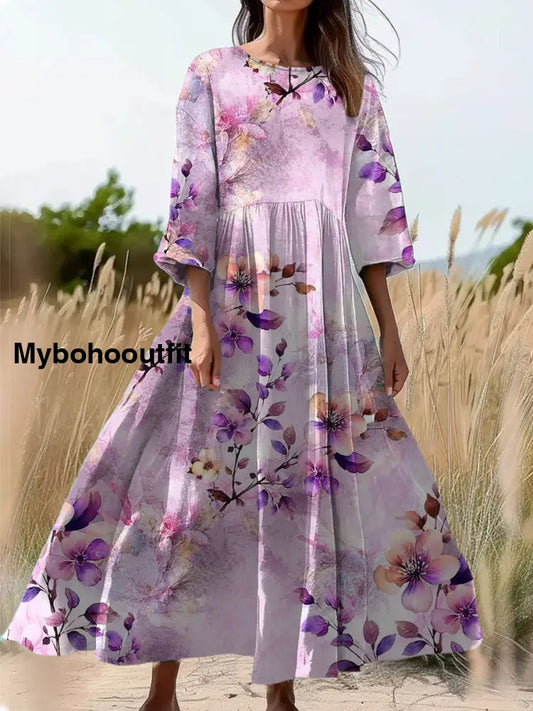 Vintage Floral Art Print Round Neck Long Sleeve Midi Dress A / S