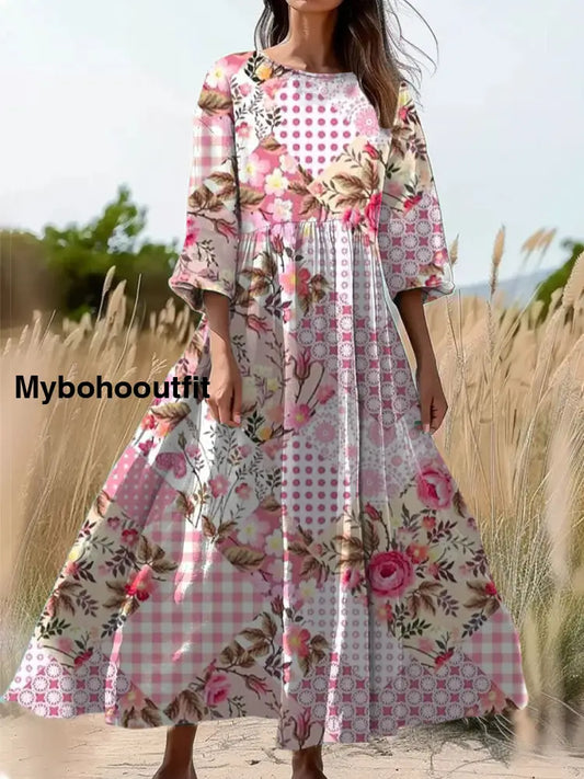 Vintage Floral Art Print Round Neck Long Sleeve Midi Dress A / S