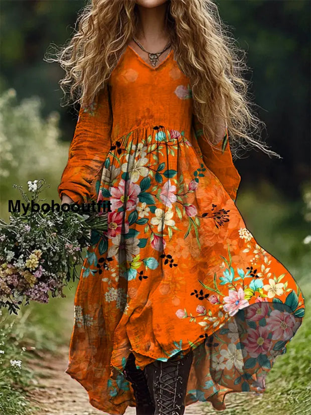 Vintage Floral Art Print V-Neck Elegant And Chic Loose Long Sleeve Midi Dress A / S