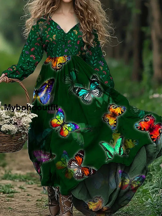 Vintage Floral Art Print V-Neck Elegant And Chic Loose Long Sleeve Midi Dress A / S