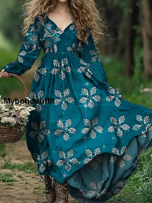 Vintage Floral Art Print V-Neck Elegant And Chic Loose Long Sleeve Midi Dress A / S