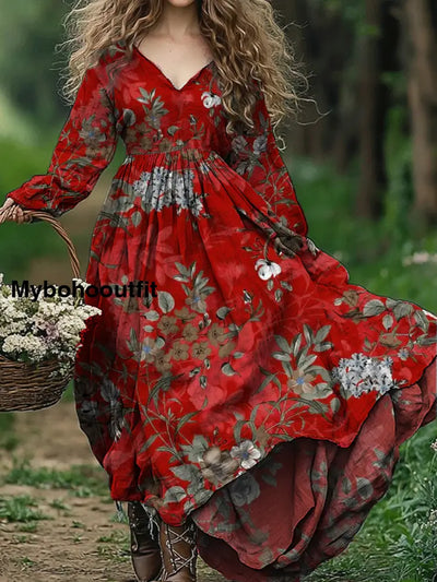 Vintage Floral Art Print V-Neck Elegant And Chic Loose Long Sleeve Midi Dress A / S