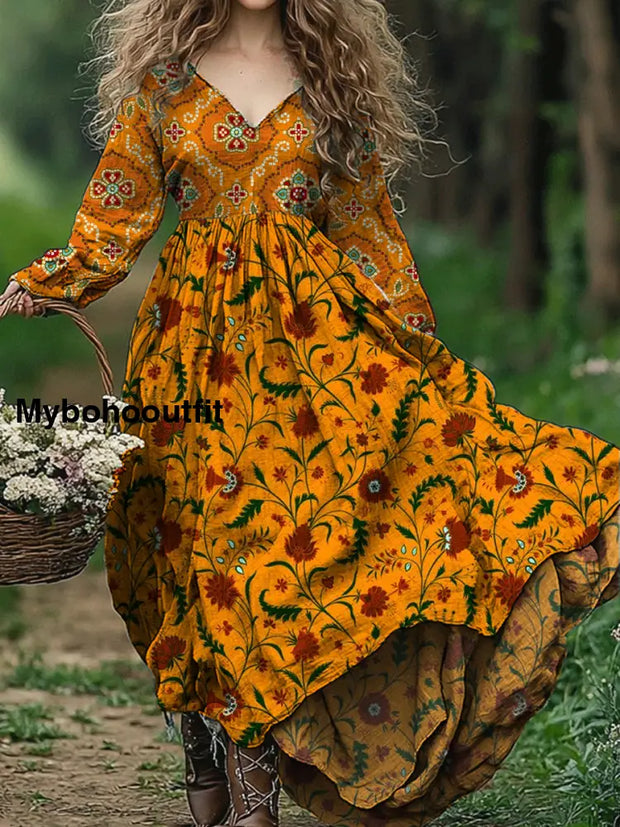 Vintage Floral Art Print V-Neck Elegant And Chic Loose Long Sleeve Midi Dress A / S