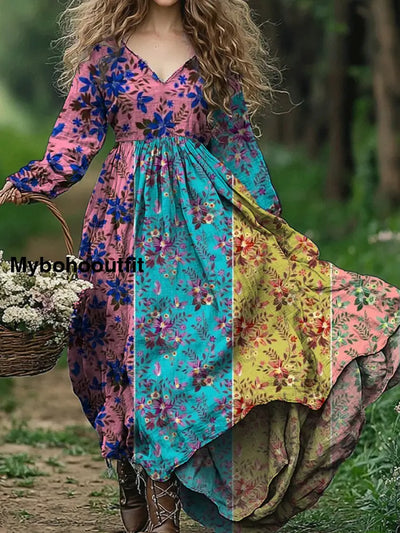 Vintage Floral Art Print V-Neck Elegant Chic Loose Long Sleeve Midi Dress A / S